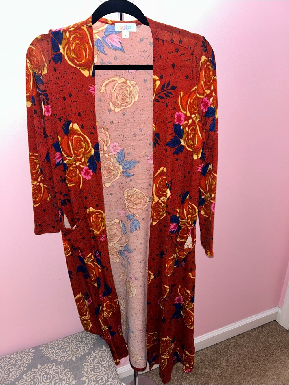 LuLaRoe Rust Floral Long Open-Front Cardigan with Yellow & Pink Roses
